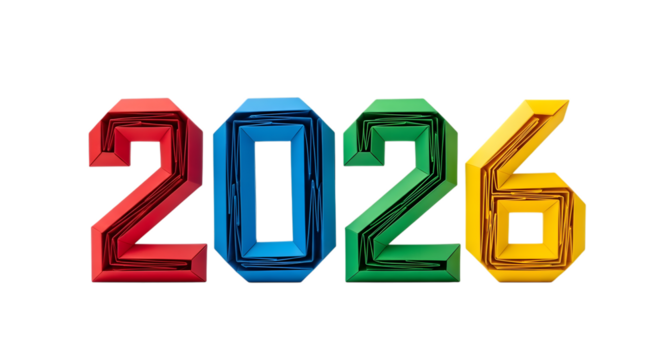 Colorful 2026 numbers isolated on transparent background