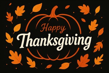 Fototapeta premium Happy thanksgiving text with pumpkin and autumn leaves design on black background