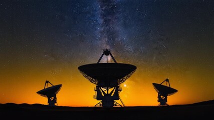 Cosmic Whispers: Silhouetted radio telescopes reach towards the starlit sky, capturing signals from the cosmos in a mesmerizing display of technological prowess. 