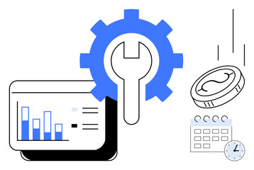 Gear with wrench for development, analytics chart, falling coin, clock, and calendar. Ideal for productivity, planning, financial management, efficiency business strategy optimization simple flat