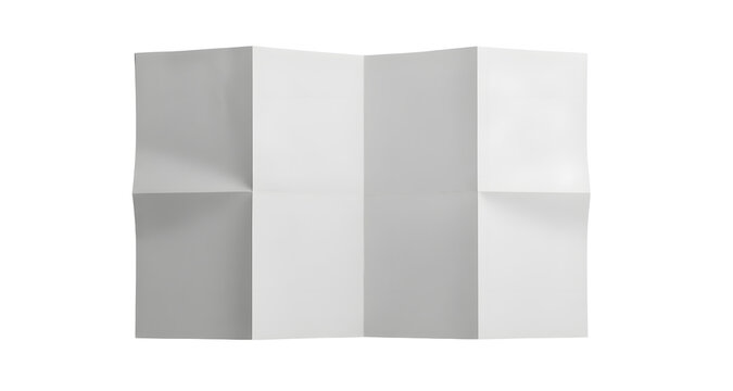 Blank white folded paper brochure or map mockup isolated on white