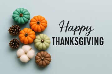 Happy thanksgiving message with colorful mini pumpkins and pine cones on blue background