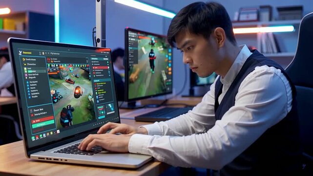 Esports Pro Gamer in Action - Intense Gaming Session on Laptop and Desktop.