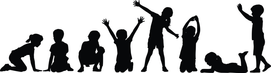 Children silhouettes playing and posing, active kids illustration, joyful childhood moments graphic, playful youth activity concept