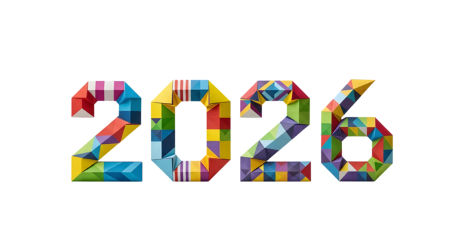 Colorful 2026 numbers isolated on transparent background