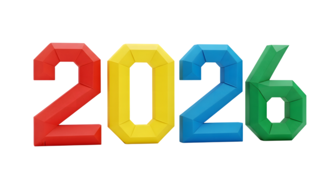 Colorful 2026 numbers isolated on transparent background - Powered by Adobe