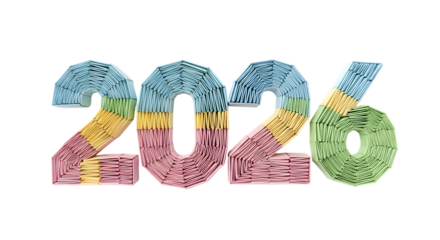 Colorful 2026 numbers isolated on transparent background