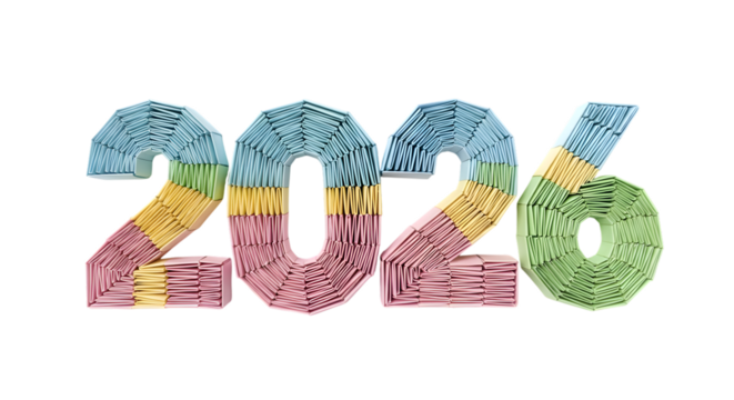 Colorful 2026 numbers isolated on transparent background
