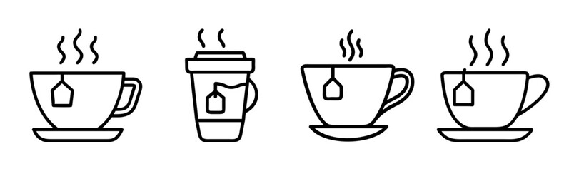 Collection of steaming hot tea cups and coffee cups with tea bags for refreshing beverages