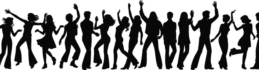 Dancing people silhouettes in motion, energetic group dance scene, joyful party celebration illustration, active choreography movement artwork