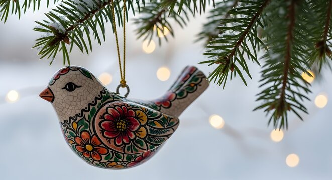 Close-up of a colorful bird Christmas ornament hanging from a pine branch with warm bokeh lights in the background. - Powered by Adobe