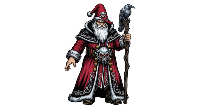Dark Santa Claus with Raven Staff for Unique Holiday Designs and Festive Occult Themes, Perfect for Alternative Christmas and Winter Solstice Celebrations