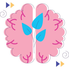 Pink Brain Illustration with Blue Leaves and Swirls on Transparent Background Representing Growth and Ideas