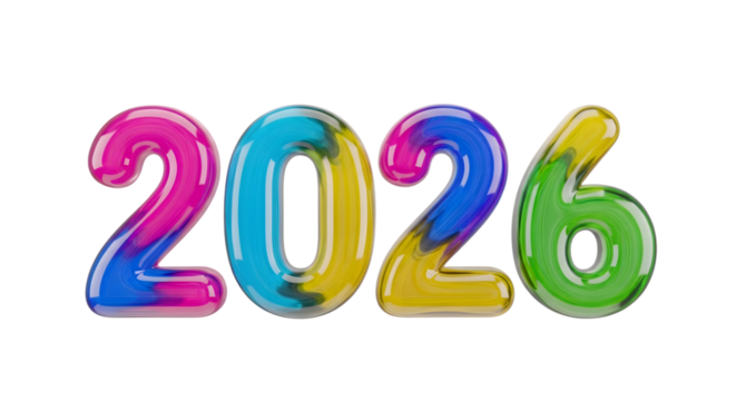 Colorful 2026 numbers isolated on transparent background