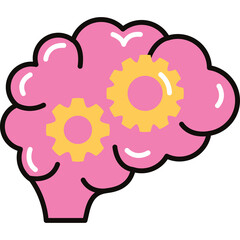 Pink Brain Illustration with Yellow Gears Symbolizing Thought Process and Cognitive Function on Transparent Background