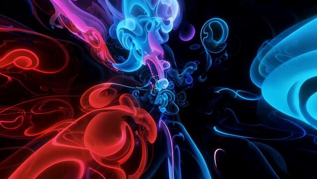 Abstract 4K video showcasing dramatic bright colorful smoke in hues of blue raspberry red and purple against a deep black background creating a beautiful abstract pattern that highlights the