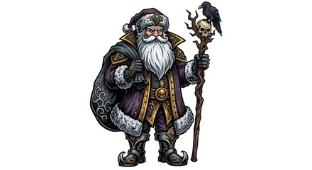 Dark Santa Claus with a skull staff and raven, a unique fantasy twist for your holiday projects and designs with a touch of gothic flair for Christmas
