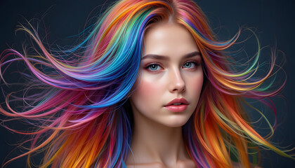 Naklejka premium A woman with colorful rainbow hair looking at camera