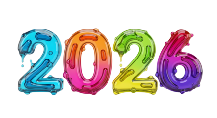 Colorful 2026 balloons dripping isolated on transparent background