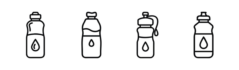 Collection of four hand-drawn style water bottles with drop icons for hydration and fitness