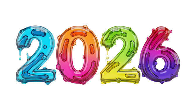 Colorful 2026 balloons dripping isolated on transparent background