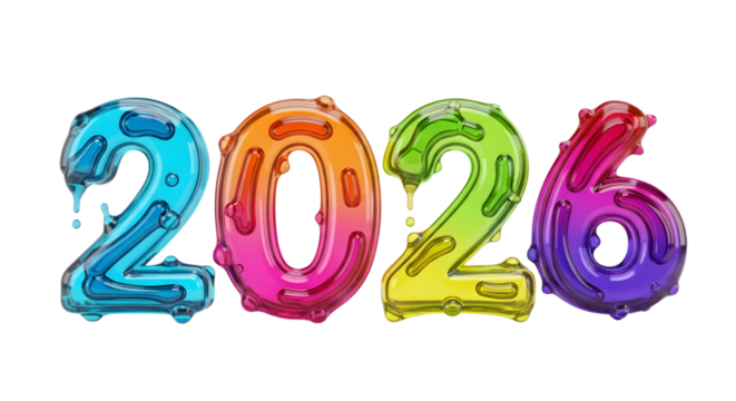 Colorful 2026 balloons dripping isolated on transparent background