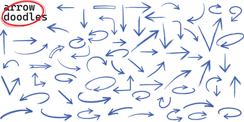 Blue pen arrow collection on checkered paper sheet. Hand drawn crayon various arrows, curved, wavy and straight lines. Direction pointers for notes, doodle and school design. Playful emphasis elements