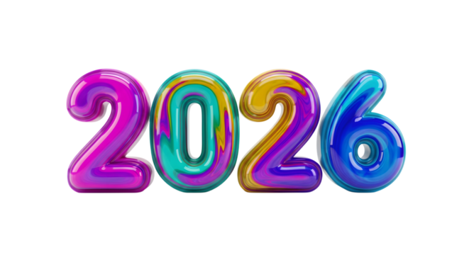 Colorful 2026 balloons isolated on transparent background