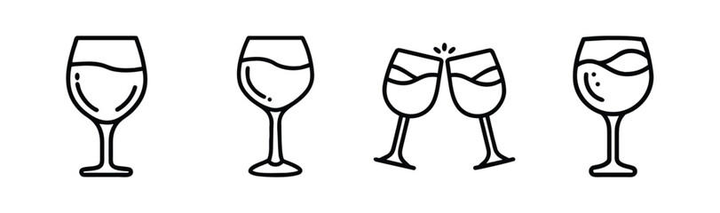 Collection of four distinct wine glasses illustrated with simple lines and liquid contents