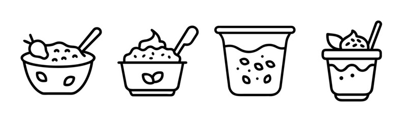 Yogurt granola bowl and cup set line art icons for healthy breakfast and desserts