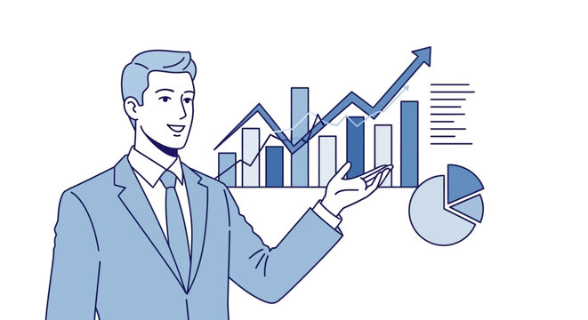 Elegant businessman presenting an upward-trending chart for success and growth strategy - Powered by Adobe