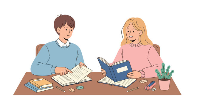 Illustrated collaborative study session with two young students sharing textbooks and notes