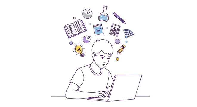 Focused student utilizing laptop for education surrounded by learning icons illustration