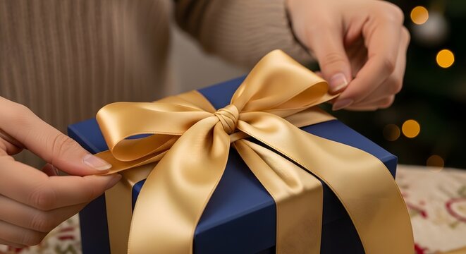 Close-up of hands tying a gold ribbon on a blue gift box with a Christmas tree in the background