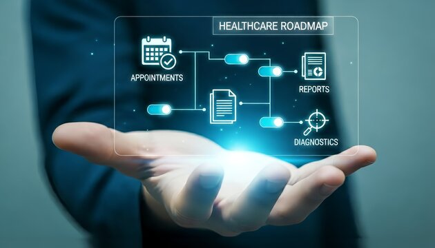 Hand holding a healthcare roadmap interface with appointments reports and diagnostics