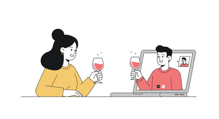 Virtual wine toast with friends or loved ones celebrated online over video call technology