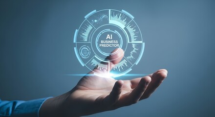 A hand holding a holographic ai business predictor interface with blue background glow