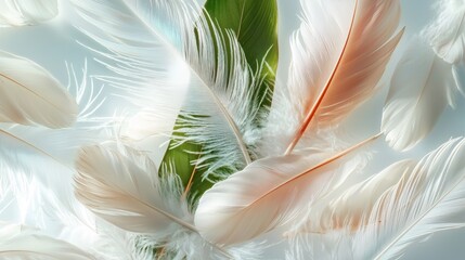 Soft White Feathers Floating Among Lush Green Leaves on Light Background