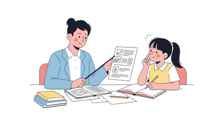 Dedicated tutor assisting a student with a complex problem and focused attention at home session