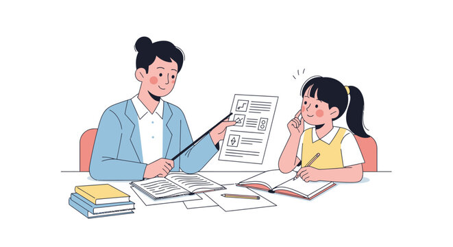 Dedicated tutor assisting a student with a complex problem and focused attention at home session