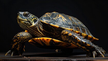 Close-up of turtle with vibrant yellow, orange, and black shell markings—posed alertly on reflective dark surface against black background, symbolizing resilience, pattern, and reptilian grace.