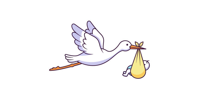 Cartoon illustration of a stork carrying a baby in a cloth delivery concept