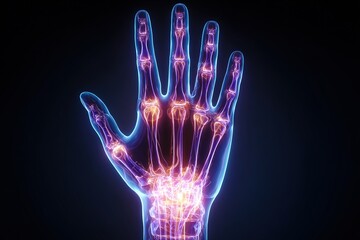 Naklejka premium Luminous human hand xray view with neon bones and pulsing energy glow