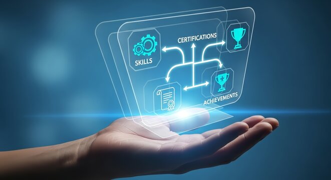 Hand holding transparent display showing skills certifications and achievements diagram
