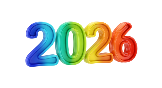 Colorful 2026 numbers isolated on transparent background