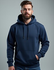 Obraz premium Navy blue sweatshirt mockup caucasian man with beard stylish urban streetwear hoodie mockup fashion isolated design casual clothing template apparel