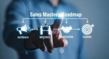 A person pointing at a sales mastery roadmap with outreach meetings negotiation closing