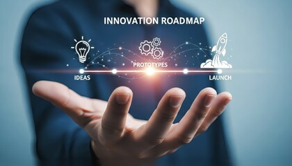 Hand presenting innovation roadmap with ideas prototypes and launch represented icons
