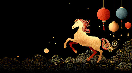 Chinese New Year Horse Banner Modern Line Art Black