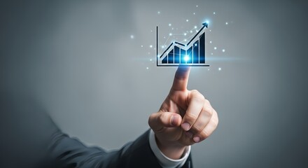 Hand pointing at a digital growth chart with an upward arrow on a gray background